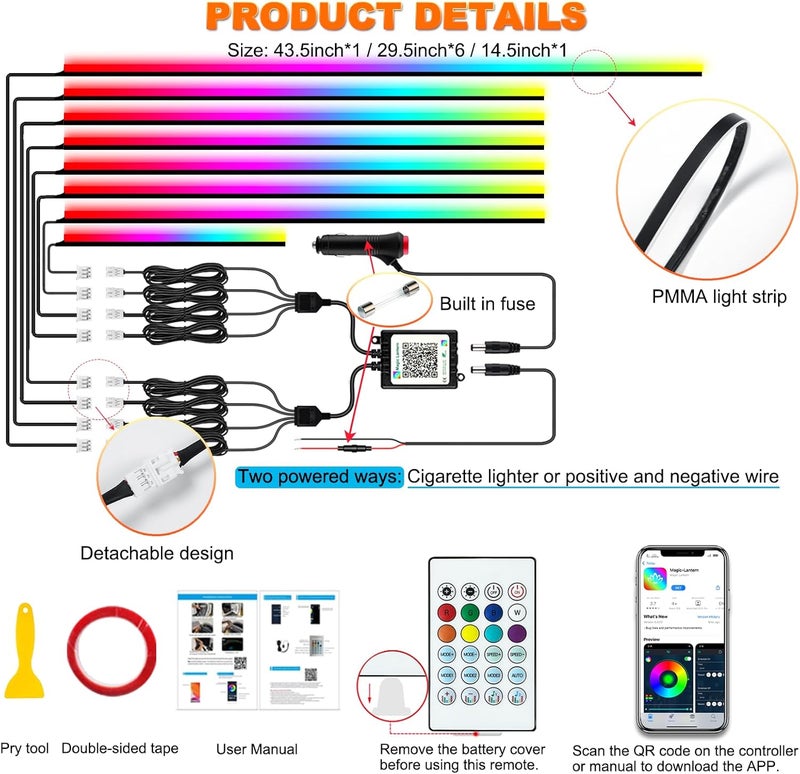Jushope Interior Car LED Strip Lights, Acrylic LED Lights for Car with Dynamic Dreamcolor Chasing, Ambient Lighting Kits Music Sync Wireless APP and RF Remote Control (8 in 1) - Image 5