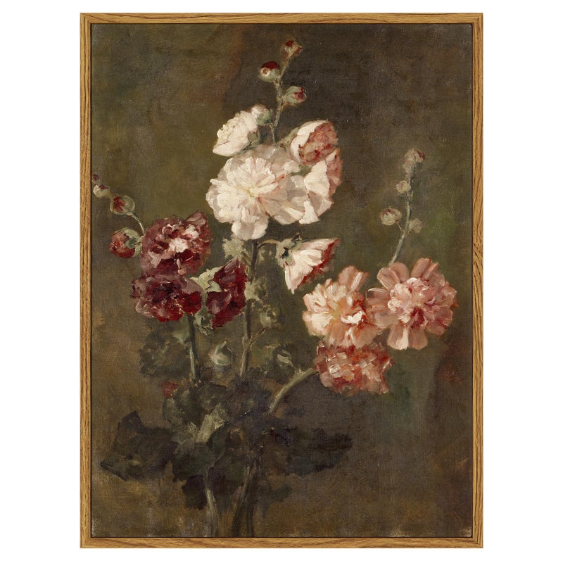 ARPEOTCY Framed Vintage Wall Art Moody Floral Hollyhocks Bathroom Vintage Decor Canvas Prints French Country Farmhouse Decor Home Dark Academia Wall Art 12x16 Inch