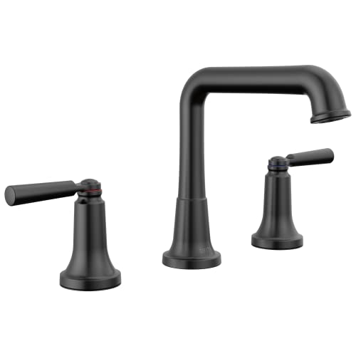 Delta Saylor Matte Black Bathroom Faucet 3 Hole 8 Inch Widespread Bathroom Sink Faucet for Vanity Metal PushPop Drain Assembly 3536BLMPUDST - Image 1
