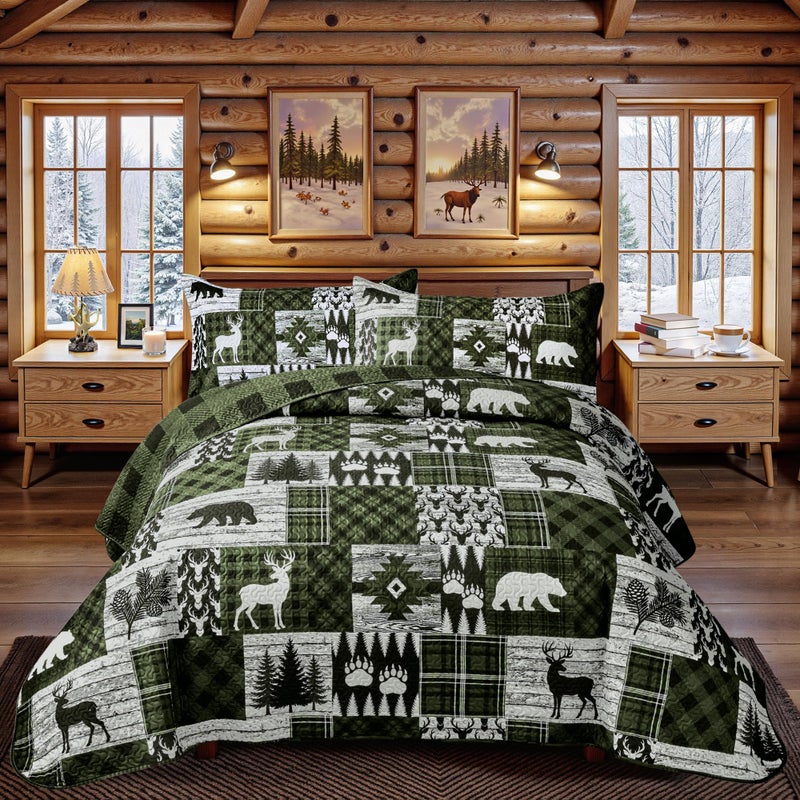 Tritard 3 Piece Cabin Quilt Sets California King Size Farmhouse Rustic Reversible Microfiber Soft Lightweight Bedspread Comforter with 2 Shams Patchwork Bedding Quilts Set for All Season, 118''x106'', Green - Image 1