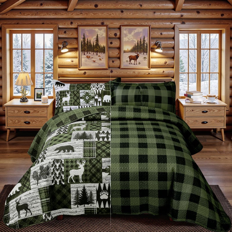 Tritard 3 Piece Cabin Quilt Sets California King Size Farmhouse Rustic Reversible Microfiber Soft Lightweight Bedspread Comforter with 2 Shams Patchwork Bedding Quilts Set for All Season, 118''x106'', Green - Image 3