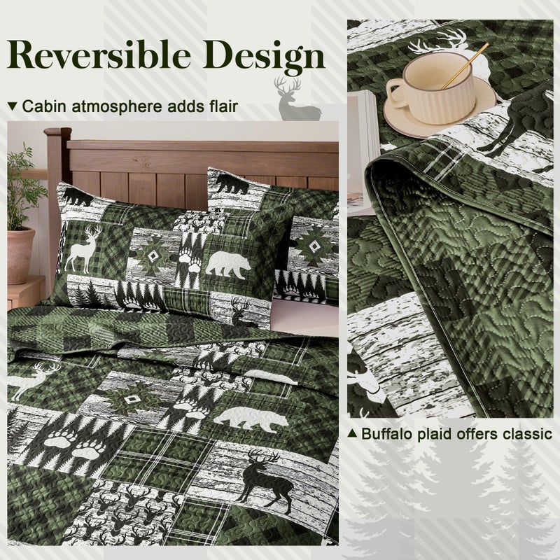 Tritard 3 Piece Cabin Quilt Sets California King Size Farmhouse Rustic Reversible Microfiber Soft Lightweight Bedspread Comforter with 2 Shams Patchwork Bedding Quilts Set for All Season, 118''x106'', Green - Image 4