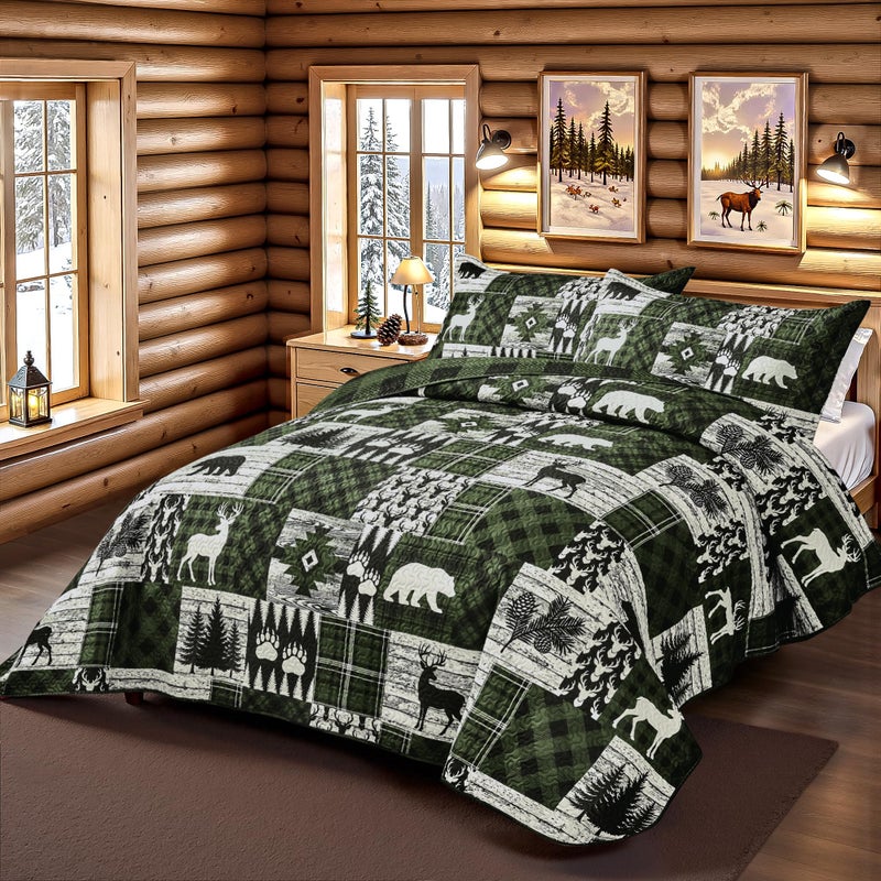 Tritard 3 Piece Cabin Quilt Sets California King Size Farmhouse Rustic Reversible Microfiber Soft Lightweight Bedspread Comforter with 2 Shams Patchwork Bedding Quilts Set for All Season, 118''x106'', Green - Image 2