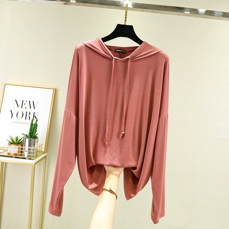 Modal Long-sleeved Hooded T-shirt Womens Spring Casual Large Size Loose Inner Base Shirt Slimming Sunscreen Thin Top Lotus root starch 