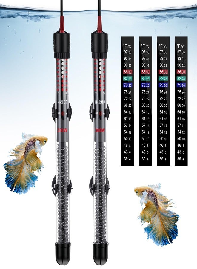 Dreyoo 2 Set Submersible Aquarium Heater, 100W/300W Adjustable Aquarium Fish Tank Heater with 4 Thermometers Stickers and Suckers, Adjustable Knob Thermostat for Marine Saltwater and Freshwater(300W) - Image 1