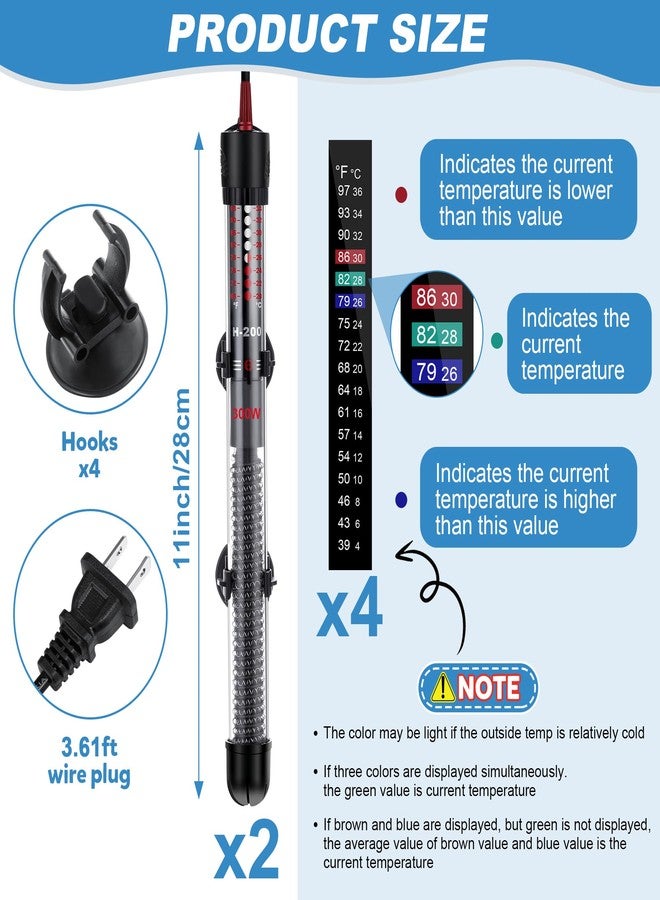 Dreyoo 2 Set Submersible Aquarium Heater, 100W/300W Adjustable Aquarium Fish Tank Heater with 4 Thermometers Stickers and Suckers, Adjustable Knob Thermostat for Marine Saltwater and Freshwater(300W) - Image 3
