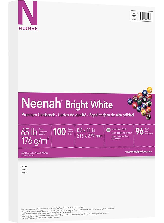 نينا بطاقات ممتازة 8.5 بوصة × 11 بوصة 65 رطل 176 جرامًا للمتر المربع أبيض ساطع 100 ورقة 91901 - Image 1