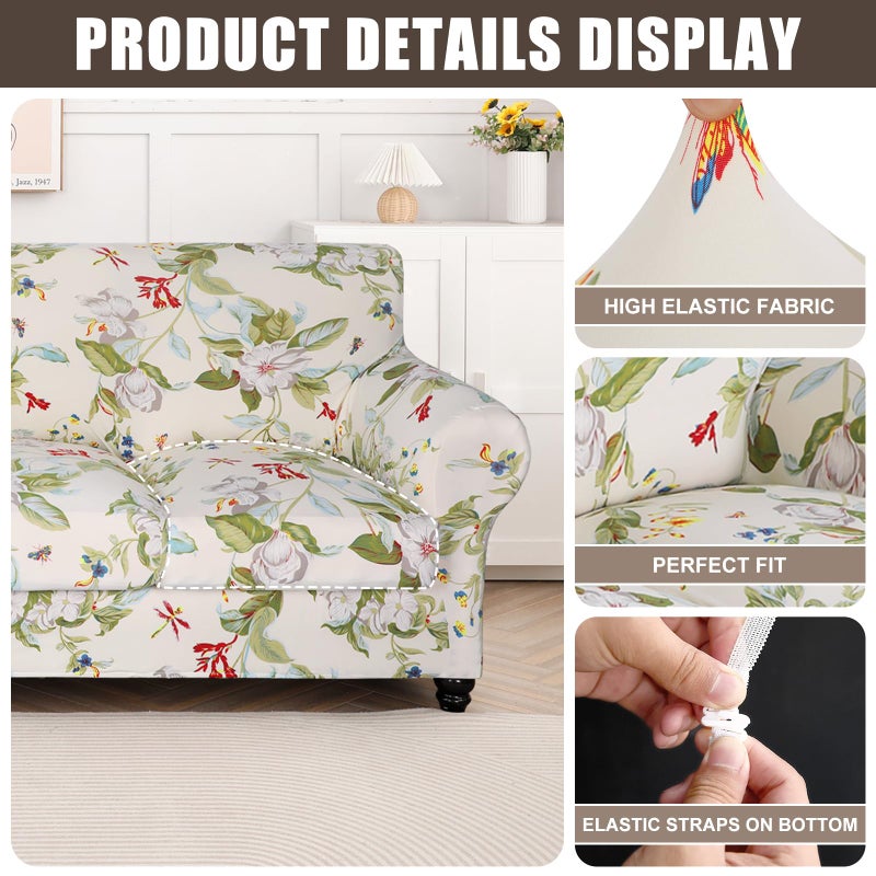 SearchI Stretch Sofa Cover Printed Couch Cover, Floral Pattern 3 Pieces Loveseat Slipcover with 2 Separate Cushion Cover, Washable Furniture Protector for Living Room(Loveseat, Spring Pattern) - Image 2