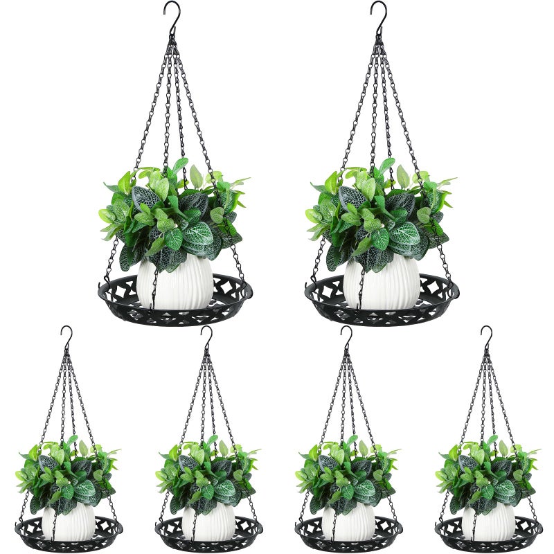 Enhon 6 Pack Metal Hanging Planter 12 Inch Indoor Outdoor Plant Hanger Classy Glossy Black Decorative Shelf for Window Wall Ceiling Home Decor