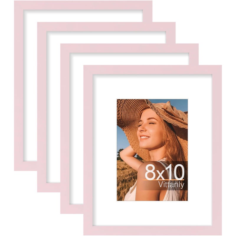 Vittanly 8x10 Picture Frames Set of 4, Display Pictures 5x7 with Mat or 8x10 without Mat, Gallery Wall Frame Set for Wall or Tabletop, Engineered Wood with Shatter Resistant Plexiglass, Pale Pink - Image 1