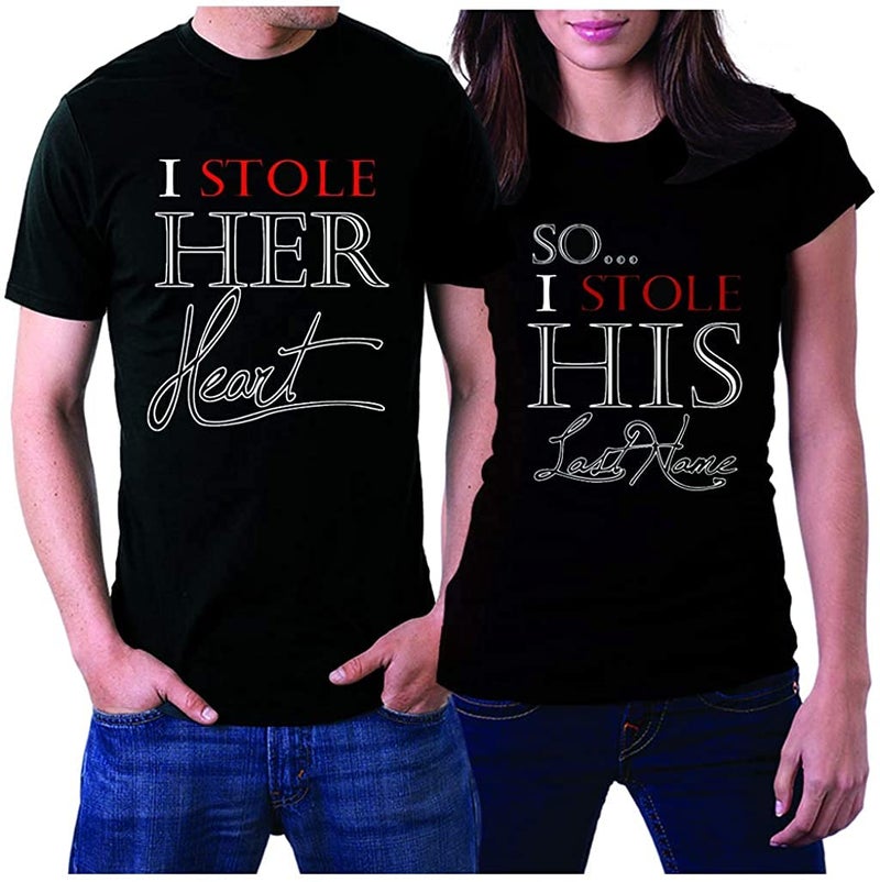 picontshirt طقم قمصان متطابقة للأزواج المتزوجين هدية زفاف للزوج والزوجة ذكرى زواج حديثي الزواج XXL/XL أسود - Image 1