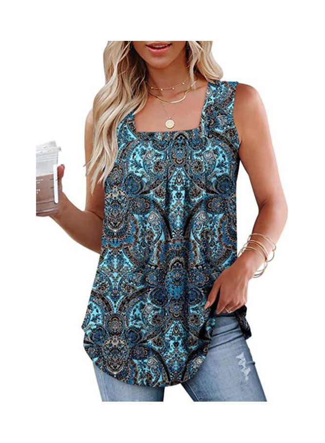 KUYING New Summer Sleeveless Square Neck Printed Tank Top T-shirt 