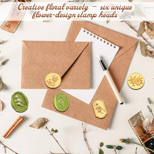 TecoKart® 6 Pcs Floral Wax Seal Stamp Kit – Premium Wooden Handle Wax Stamp for Envelopes, Invitations & Gifts – Vintage Wax Seal Kit for Letters, Scrapbooking & Art Craft Decoration - Image 3