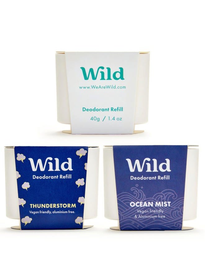 WILD Aluminum Free Refillable Deodorant - Coconut & Vanilla Trio Pack - 98% Natural Origin Derived Ingredients - Vegan Friendly Long Lasting Protection - Zero Single Use Plastic - Image 1