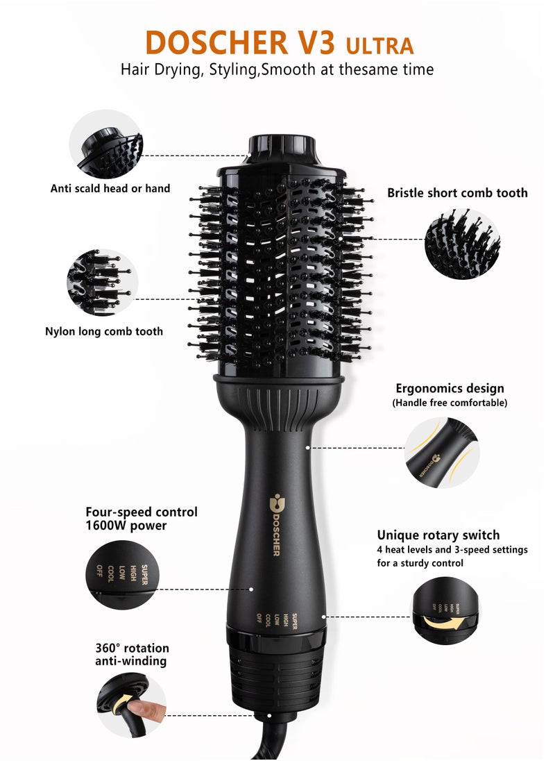 DOSCHER Hair Dryer Brush Blow Dryer Hair Dryer and Styler Hot Air Brush 3 in 1 Black Volumizer with Negative Ion 1600W  - Image 2