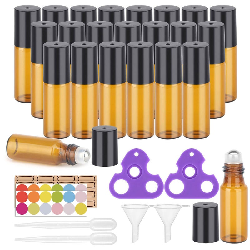 Easytle Essential Oil Roller Bottles, 24 Pack Amber Glass Roller Bottles 5ml, Roller Balls for Essential Oils, Roll on Bottles (96 Pieces Labels, 4 Funnels, 4 Dropper, 2 Opener) - Image 1