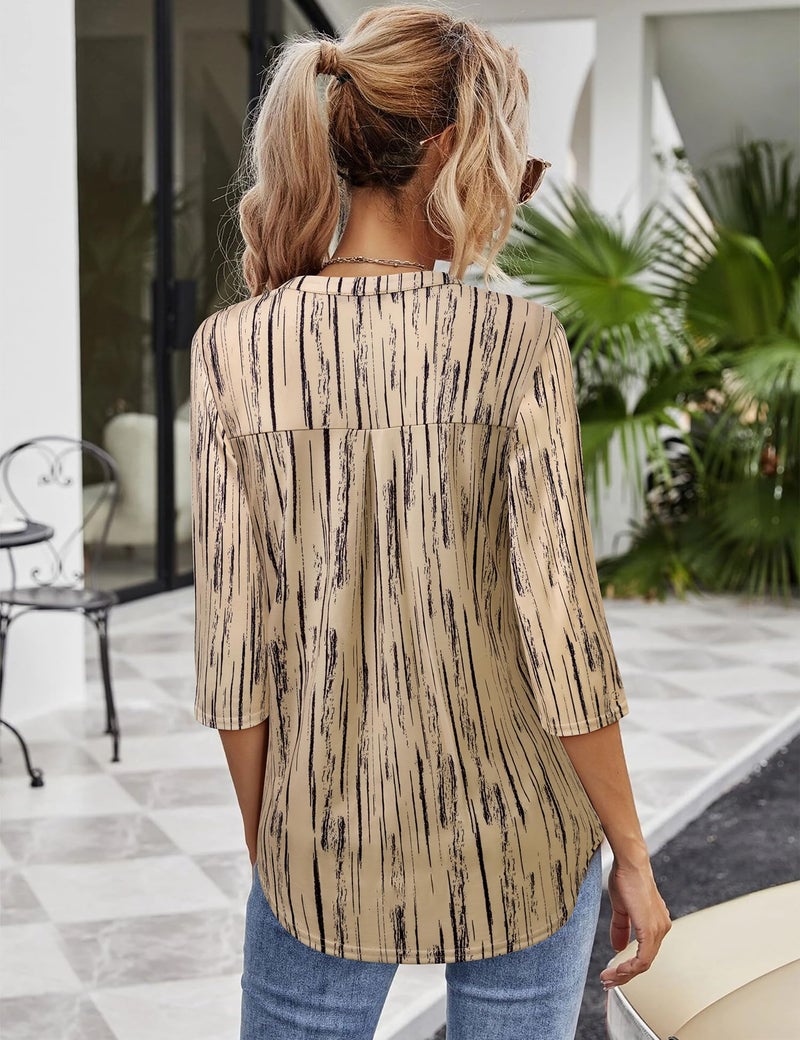 VALOLIA Women Shirts 3/4 Length Sleeve Work Tops for Women Business Casual Tunic Blouses for Women Loose Fit Dressy Ladies Summer Tops and Blouses 2025 Three Quarter Sleeve Tops Woman Beige Stripe L - Image 2