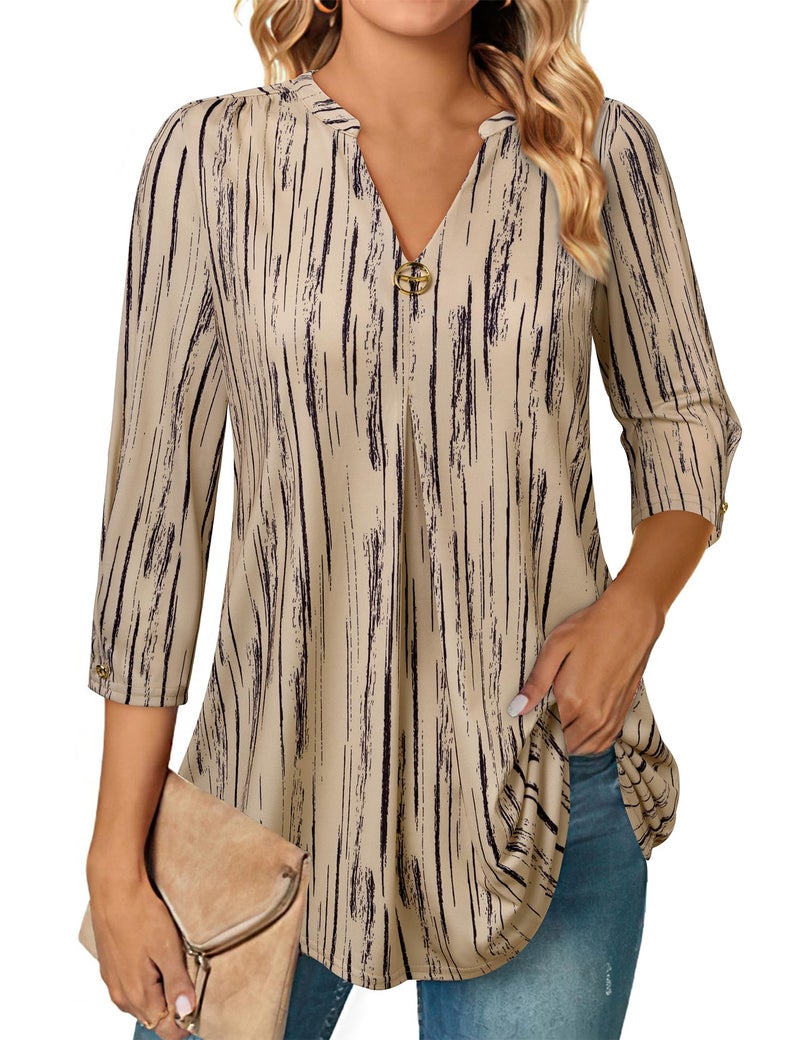 VALOLIA Women Shirts 3/4 Length Sleeve Work Tops for Women Business Casual Tunic Blouses for Women Loose Fit Dressy Ladies Summer Tops and Blouses 2025 Three Quarter Sleeve Tops Woman Beige Stripe L - Image 1