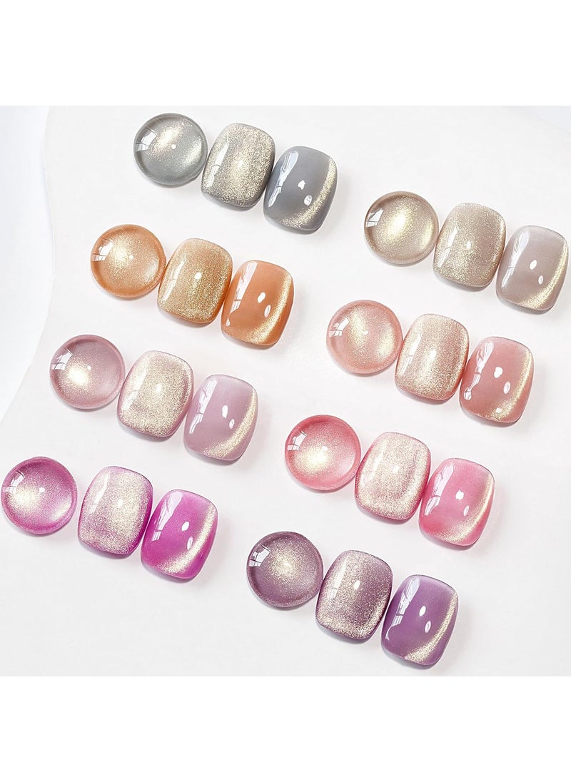 MIZHSE MIZHSE Cat Eye Gel Nail Polish, 8 Colors Glass Magnetic Gel Polish Set with Magnet Stick, Crystal Jelly Pink Purple Colors with Gradual Gold Cat Eye Effect Nail Polish Soak Off Nail Art Gift for Women 