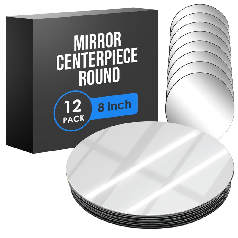 Houseables Mirror Centerpieces for Tables Round Mirrors for Centerpieces Mirrored Trays Round Table Plate Tray Circle Charger Center Piece Small Wedding Base Candle Flat 8 Inch Set of 12 