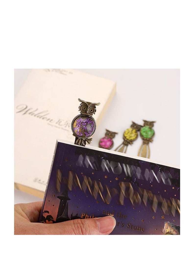 SYOSI - Metal Bookmark Clips Vintage Owl Dried Flower Mixed Color Bookmark Pendant Tray Kit Elegant Metal Bookmark for Kids Birthday Party Favors Student Teacher 6PCS - Image 1