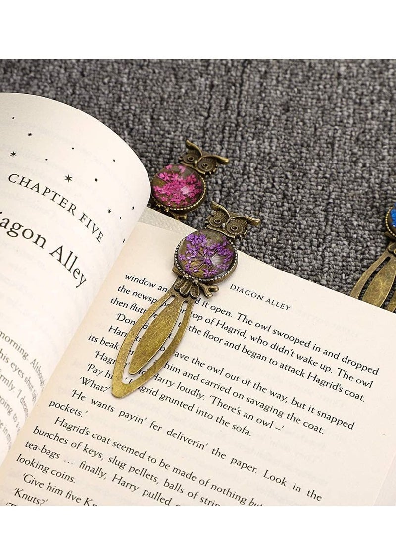 SYOSI - Metal Bookmark Clips Vintage Owl Dried Flower Mixed Color Bookmark Pendant Tray Kit Elegant Metal Bookmark for Kids Birthday Party Favors Student Teacher 6PCS - Image 1