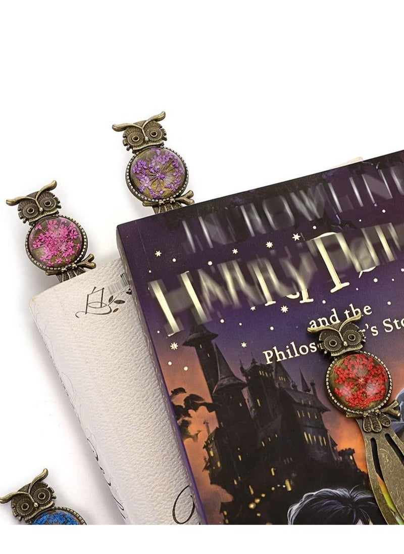 SYOSI - Metal Bookmark Clips Vintage Owl Dried Flower Mixed Color Bookmark Pendant Tray Kit Elegant Metal Bookmark for Kids Birthday Party Favors Student Teacher 6PCS - Image 1
