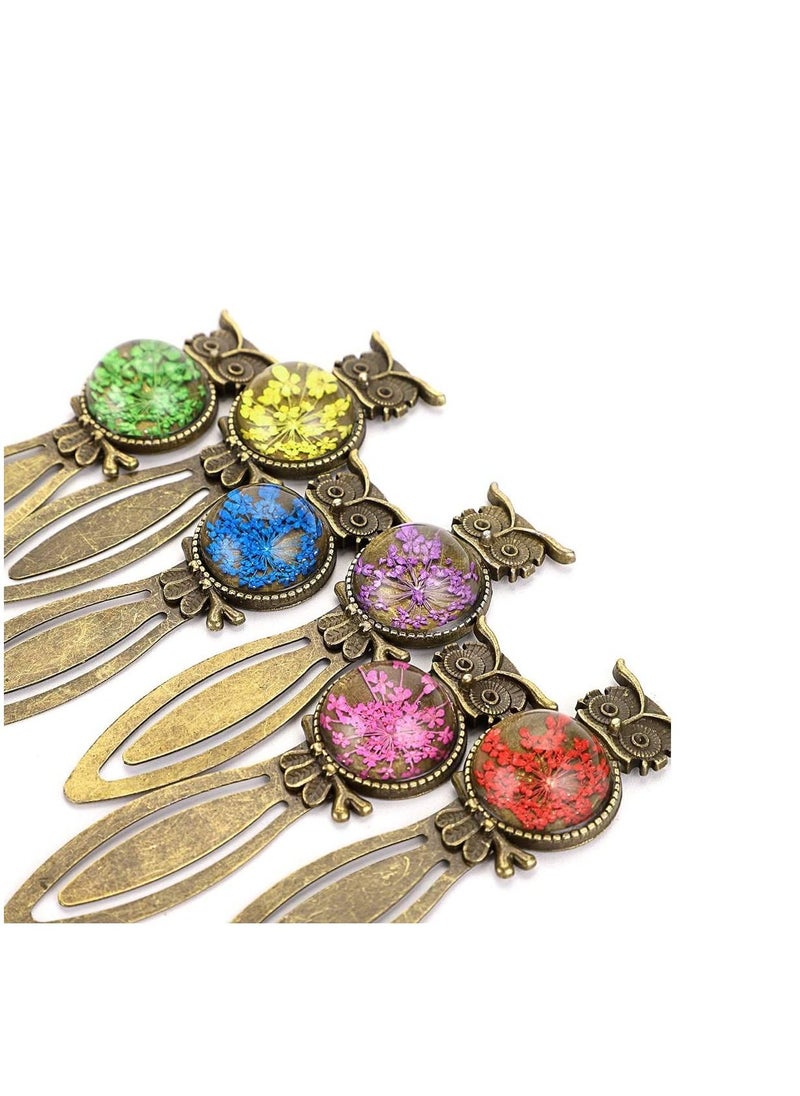 SYOSI - Metal Bookmark Clips Vintage Owl Dried Flower Mixed Color Bookmark Pendant Tray Kit Elegant Metal Bookmark for Kids Birthday Party Favors Student Teacher 6PCS - Image 1