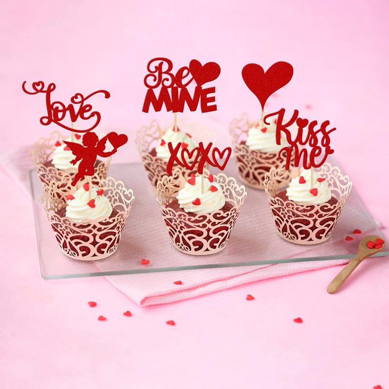 Rsstarxi 36 Pack Happy Valentine's Day Cupcake Toppers Glitter Cupid Love Heart Lip Kiss Me Be Mine Cupcake Picks for Valentine's Day Theme Wedding Party Cake Decorations Supplies Red - Image 4