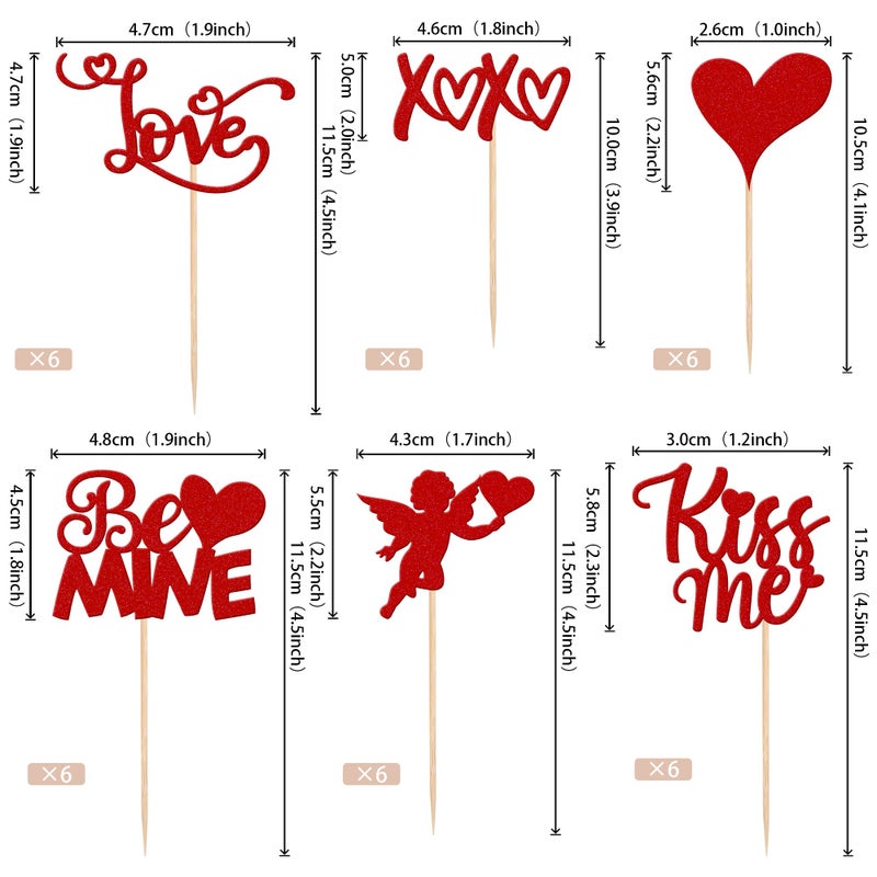 Rsstarxi 36 Pack Happy Valentine's Day Cupcake Toppers Glitter Cupid Love Heart Lip Kiss Me Be Mine Cupcake Picks for Valentine's Day Theme Wedding Party Cake Decorations Supplies Red - Image 2