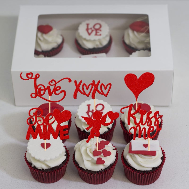 Rsstarxi 36 Pack Happy Valentine's Day Cupcake Toppers Glitter Cupid Love Heart Lip Kiss Me Be Mine Cupcake Picks for Valentine's Day Theme Wedding Party Cake Decorations Supplies Red - Image 3