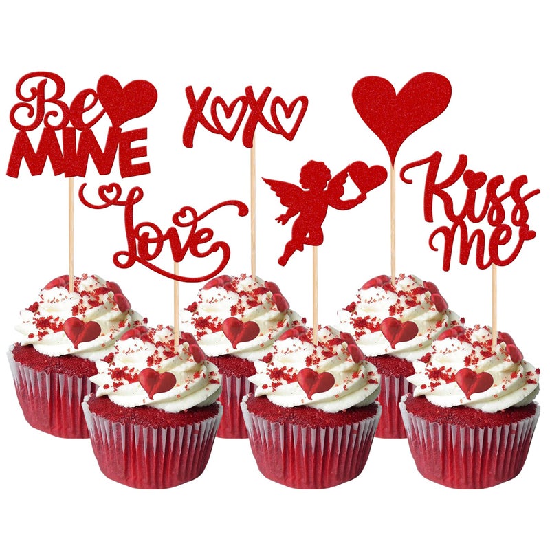 Rsstarxi 36 Pack Happy Valentine's Day Cupcake Toppers Glitter Cupid Love Heart Lip Kiss Me Be Mine Cupcake Picks for Valentine's Day Theme Wedding Party Cake Decorations Supplies Red - Image 1