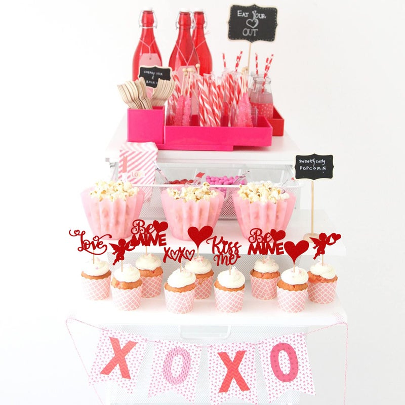 Rsstarxi 36 Pack Happy Valentine's Day Cupcake Toppers Glitter Cupid Love Heart Lip Kiss Me Be Mine Cupcake Picks for Valentine's Day Theme Wedding Party Cake Decorations Supplies Red - Image 5
