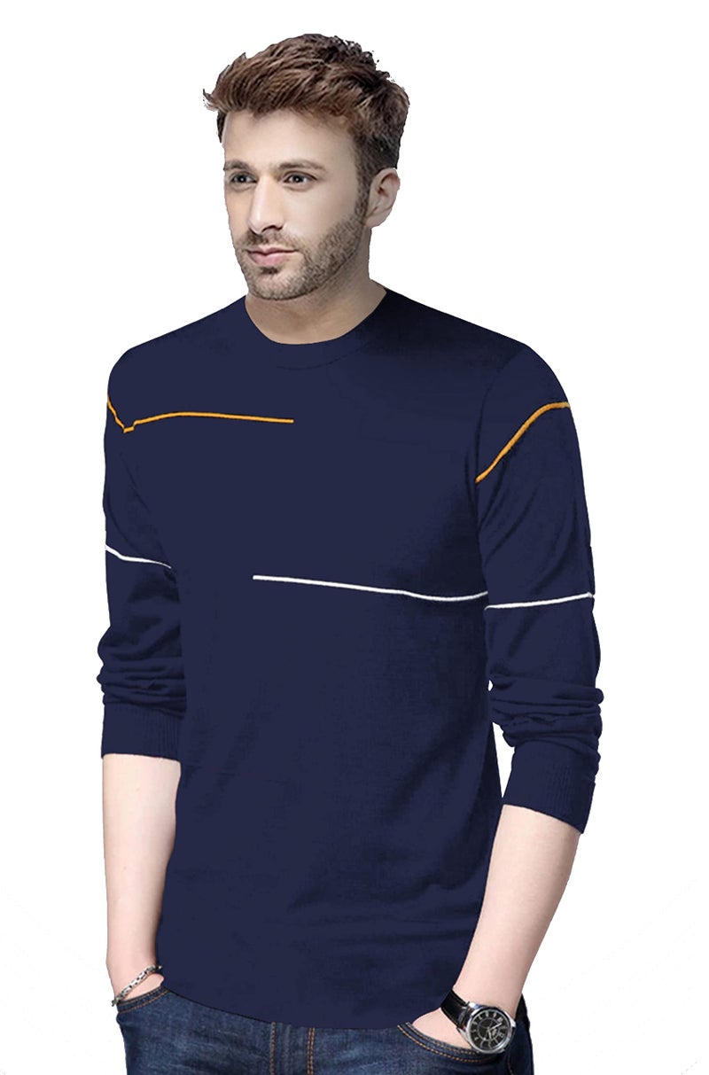 REYA Mens Cotton Round Neck Striped Full Sleeve Regular fit T-Shirt Blue (M Size) - Image 1