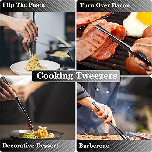 JETKONG 4 Pcs Kitchen Tweezers Professional Stainless Steel Cooking Tweezers Set, Black Kitchen Food Tweezer Tongs for Cooking, Repairing, and BBQ (10+12-Inch, Black) - Image 5