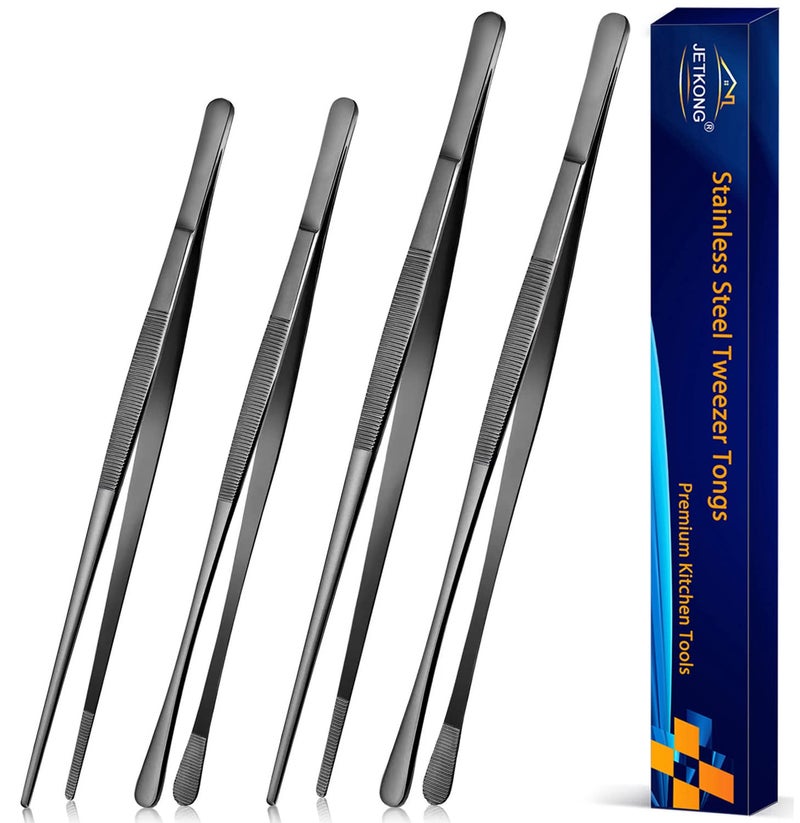 JETKONG 4 Pcs Kitchen Tweezers Professional Stainless Steel Cooking Tweezers Set, Black Kitchen Food Tweezer Tongs for Cooking, Repairing, and BBQ (10+12-Inch, Black) - Image 1