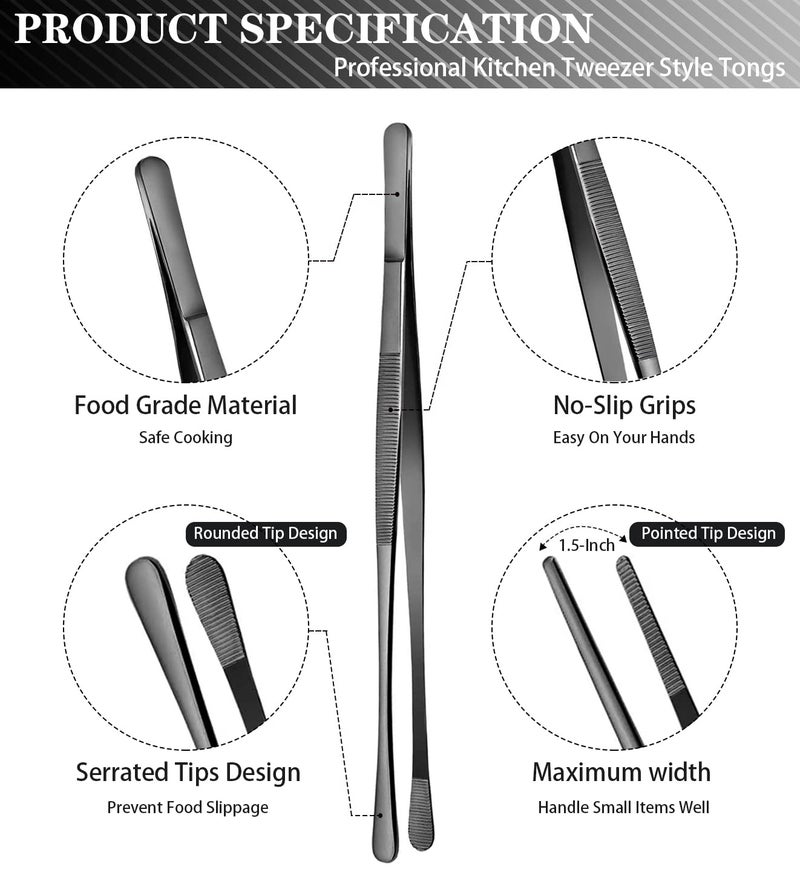 JETKONG 4 Pcs Kitchen Tweezers Professional Stainless Steel Cooking Tweezers Set, Black Kitchen Food Tweezer Tongs for Cooking, Repairing, and BBQ (10+12-Inch, Black) - Image 2