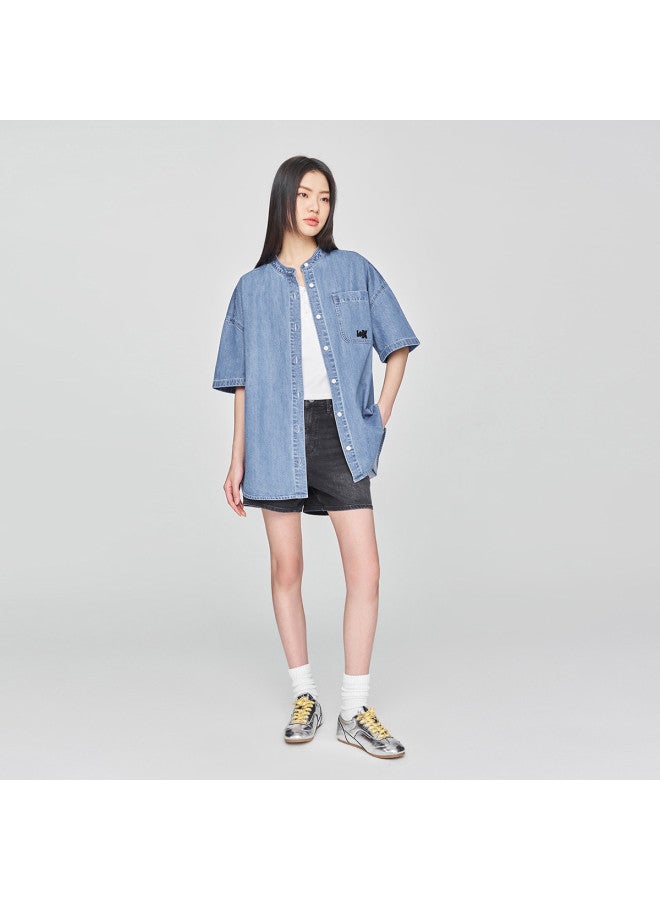 LEE Early Spring New Product Loose Fit Stand Collar Tencel Light Blue Women's Short Sleeve Denim Shirt - Image 4