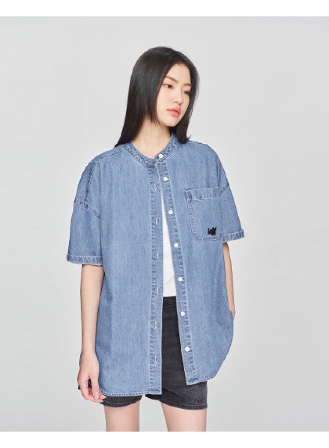 LEE Early Spring New Product Loose Fit Stand Collar Tencel Light Blue Women's Short Sleeve Denim Shirt - Image 1