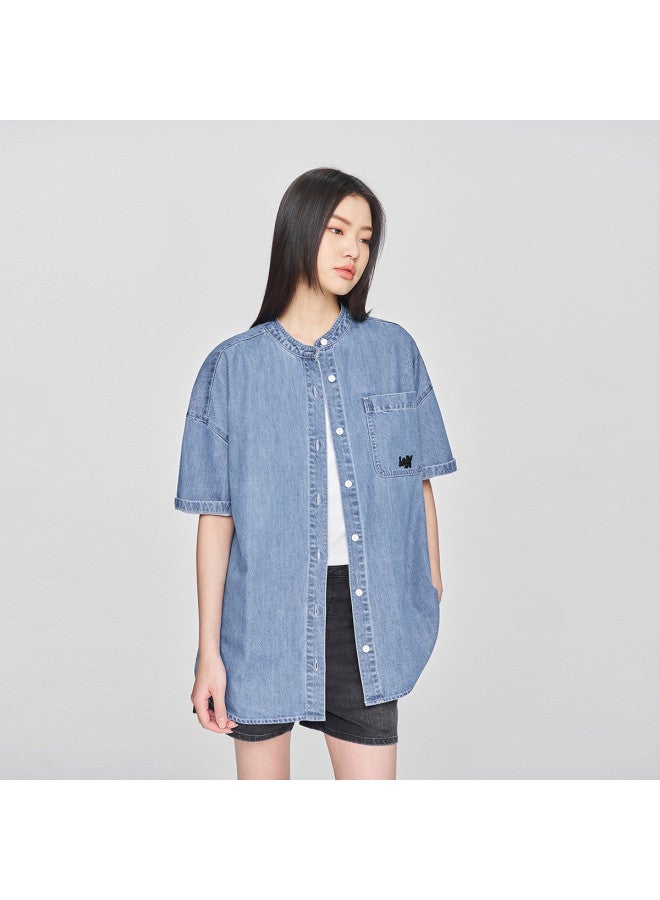 LEE Early Spring New Product Loose Fit Stand Collar Tencel Light Blue Women's Short Sleeve Denim Shirt - Image 2