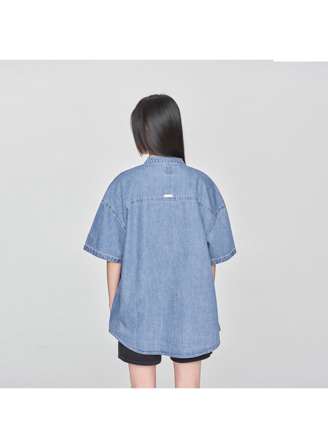 LEE Early Spring New Product Loose Fit Stand Collar Tencel Light Blue Women's Short Sleeve Denim Shirt - Image 3