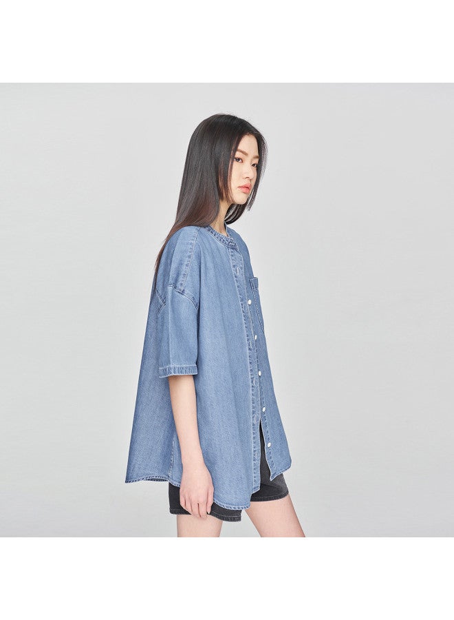 LEE Early Spring New Product Loose Fit Stand Collar Tencel Light Blue Women's Short Sleeve Denim Shirt - Image 5
