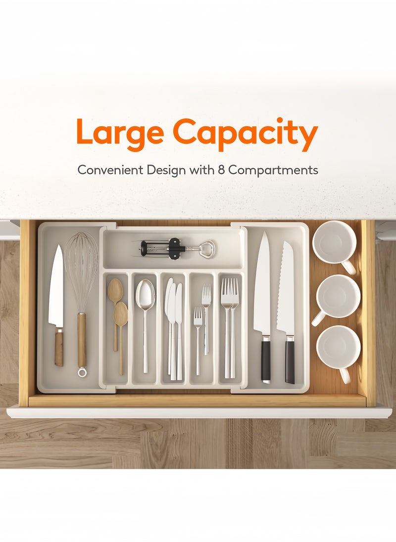 nihao Silverware Drawer Organizer, Expandable Utensil Tray for Kitchen, BPA Free Flatware and Cutlery Holder, Adjustable Plastic Storage for Spoons Forks Knives, Large, Stretch Out The Cutlery The Stowed Box Can Be Retracted Into Shape，White,33-57*38*5 CM  - Image 2