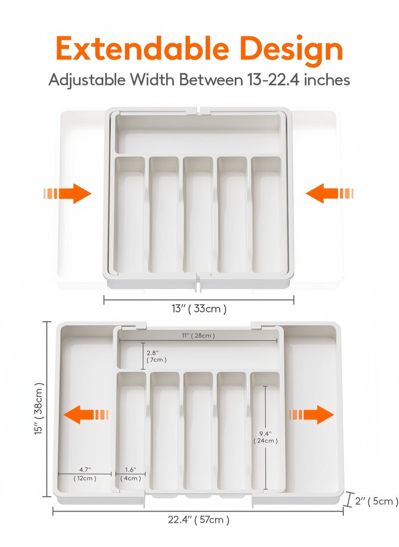 nihao Silverware Drawer Organizer, Expandable Utensil Tray for Kitchen, BPA Free Flatware and Cutlery Holder, Adjustable Plastic Storage for Spoons Forks Knives, Large, Stretch Out The Cutlery The Stowed Box Can Be Retracted Into Shape，White,33-57*38*5 CM  - Image 3