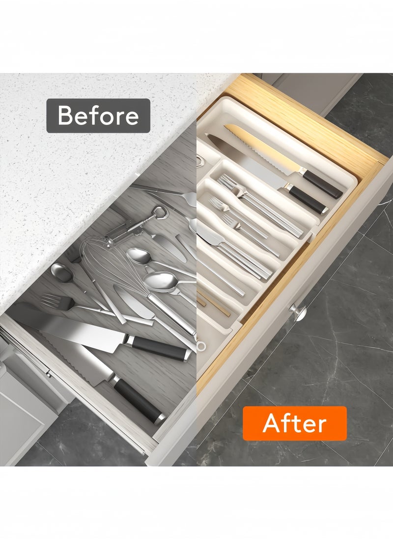 nihao Silverware Drawer Organizer, Expandable Utensil Tray for Kitchen, BPA Free Flatware and Cutlery Holder, Adjustable Plastic Storage for Spoons Forks Knives, Large, Stretch Out The Cutlery The Stowed Box Can Be Retracted Into Shape，White,33-57*38*5 CM  - Image 5