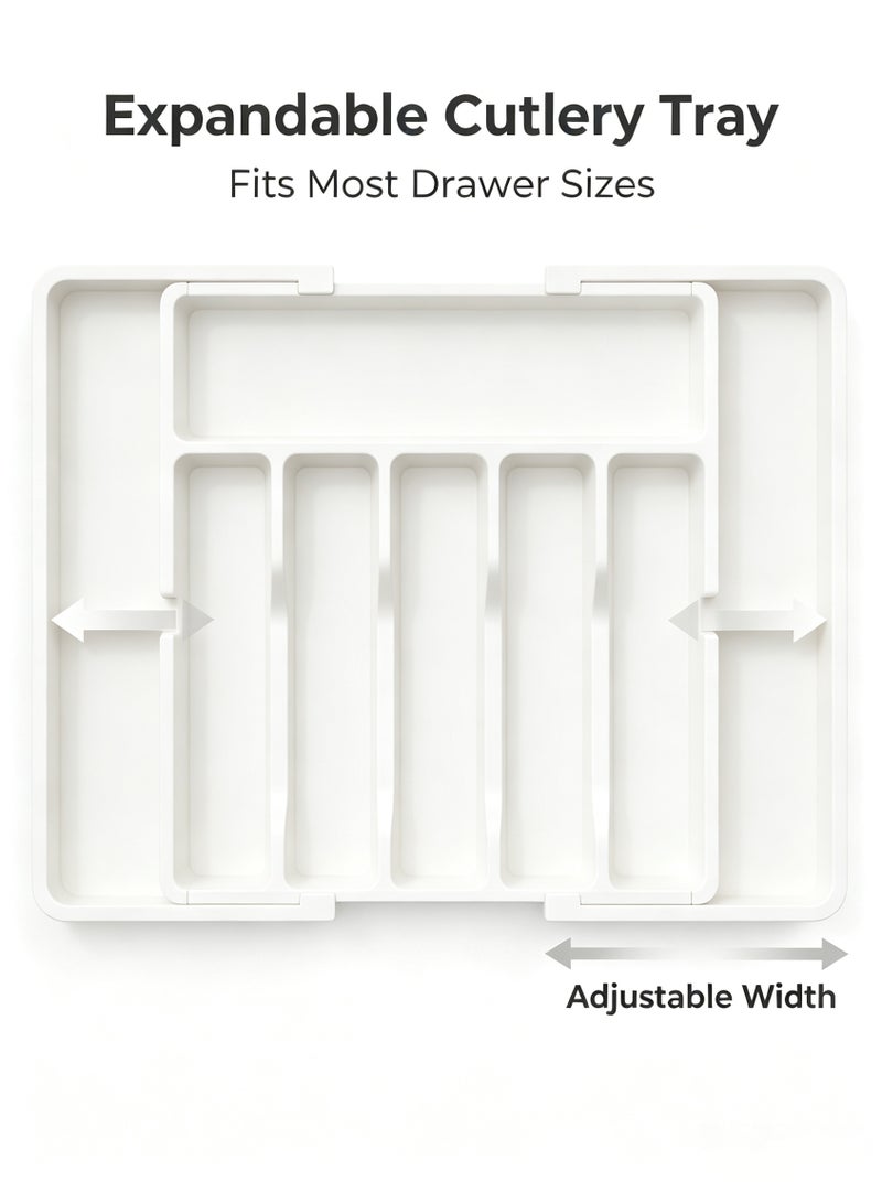 nihao Silverware Drawer Organizer, Expandable Utensil Tray for Kitchen, BPA Free Flatware and Cutlery Holder, Adjustable Plastic Storage for Spoons Forks Knives, Large, Stretch Out The Cutlery The Stowed Box Can Be Retracted Into Shape，White,33-57*38*5 CM - Image 1