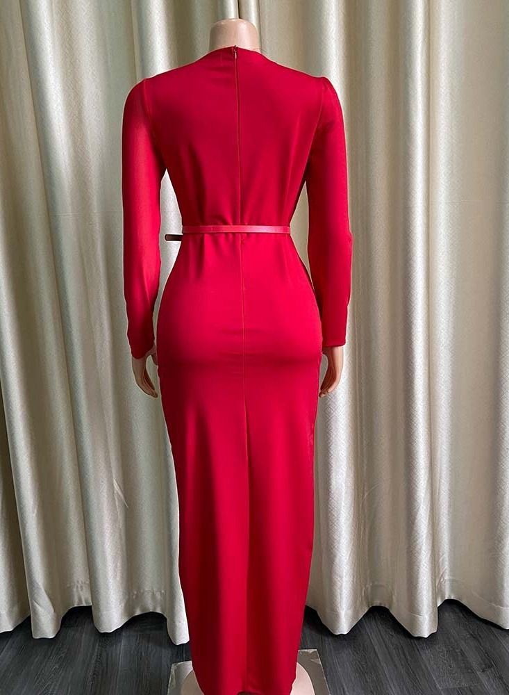 Loquat Mesh Stitching European And American Dress Red  - Image 2
