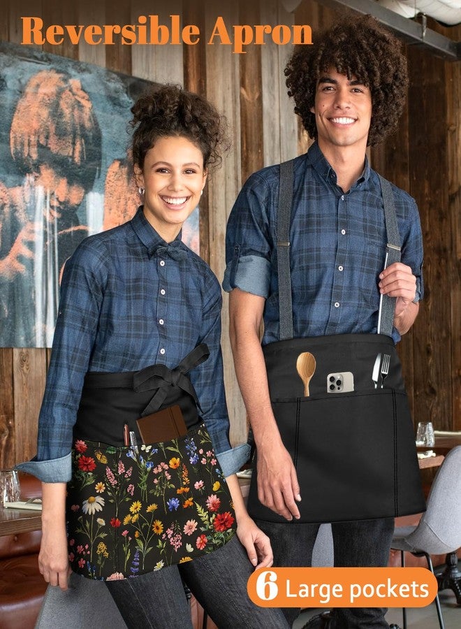 Slohif Reversible Server Apron 6 Pockets - Flower Waist Apron for Waitress Women Half Serving Short Apron for Waiter Bistro Bar Restaurant Kitchen Accessories - Image 3