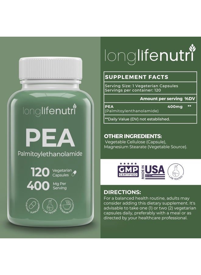 LongLifeNutri Palmitoylethanolamide (Micronized Pea) 400mg - 120 Vegetarian Capsules, Organic Supplement for Discomfort Management, 4-Month Supply, Lab Tested, Made in USA - Image 2