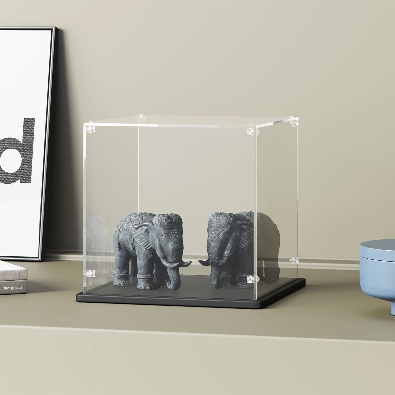 Gemutlich Gemutlich Acrylic Display Case 10 Inch Cube  3mm Thick Acrylic Display Box with Black Wooden Base Assemble Dustproof Showcase Clear Display Case for Collectibles Figures Doll Toys Models 